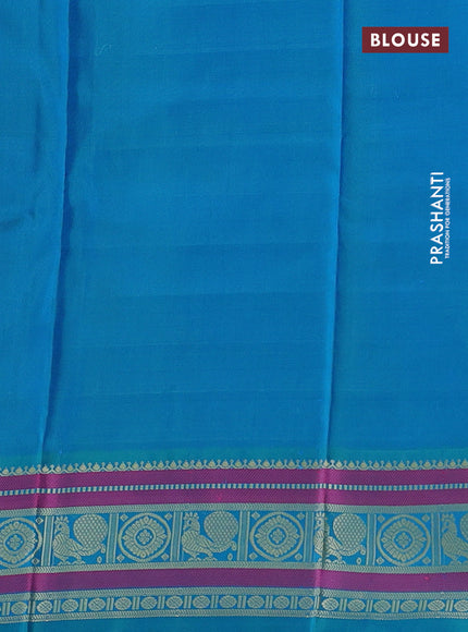 Pure kanchipuram silk saree yellow and dual shade of teal blue with allover thread checks & buttas and temple design thread woven border