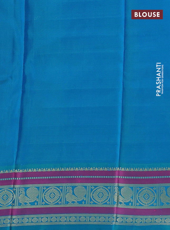 Pure kanchipuram silk saree yellow and dual shade of teal blue with allover thread checks & buttas and temple design thread woven border