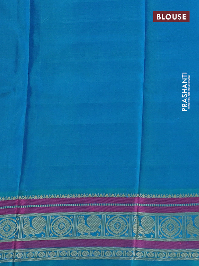 Pure kanchipuram silk saree yellow and dual shade of teal blue with allover thread checks & buttas and temple design thread woven border