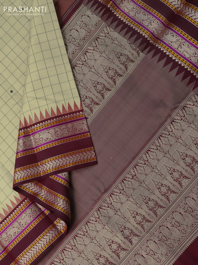 Pure kanchipuram silk saree cream and maroon with allover thread checks & buttas and temple design rettapet thread woven border