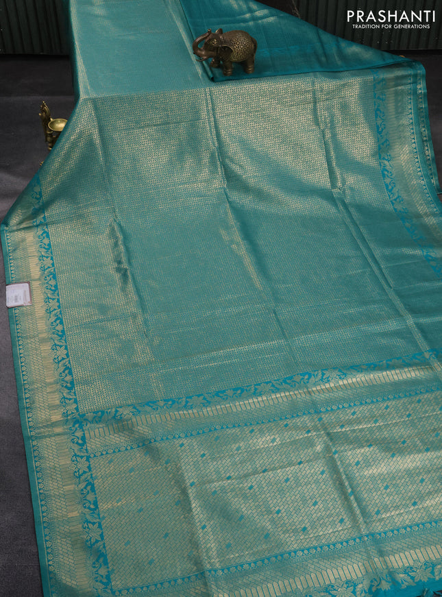 Banarasi silk saree teal green shade with allover zari woven brocade weaves and zari woven border