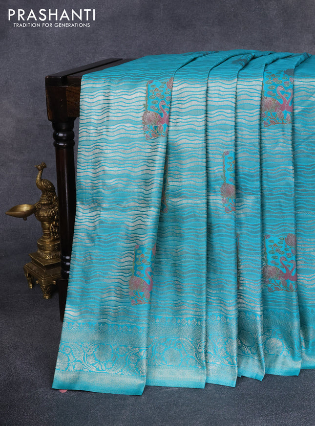 Banarasi silk saree teal blue with allover zari woven brocade weaves and zari woven border