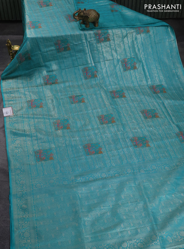 Banarasi silk saree teal blue with allover zari woven brocade weaves and zari woven border