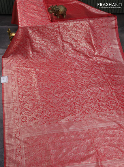 Banarasi silk saree red with allover silver zari woven brocade weaves and silver zari woven border