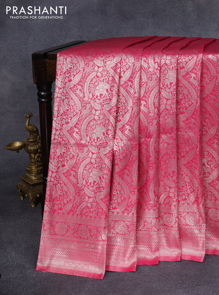 Banarasi silk saree pink with allover silver zari woven brocade weaves and silver zari woven border