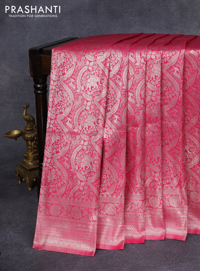 Banarasi silk saree pink with allover silver zari woven brocade weaves and silver zari woven border