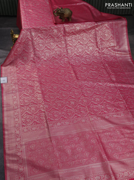 Banarasi silk saree pink with allover silver zari woven brocade weaves and silver zari woven border