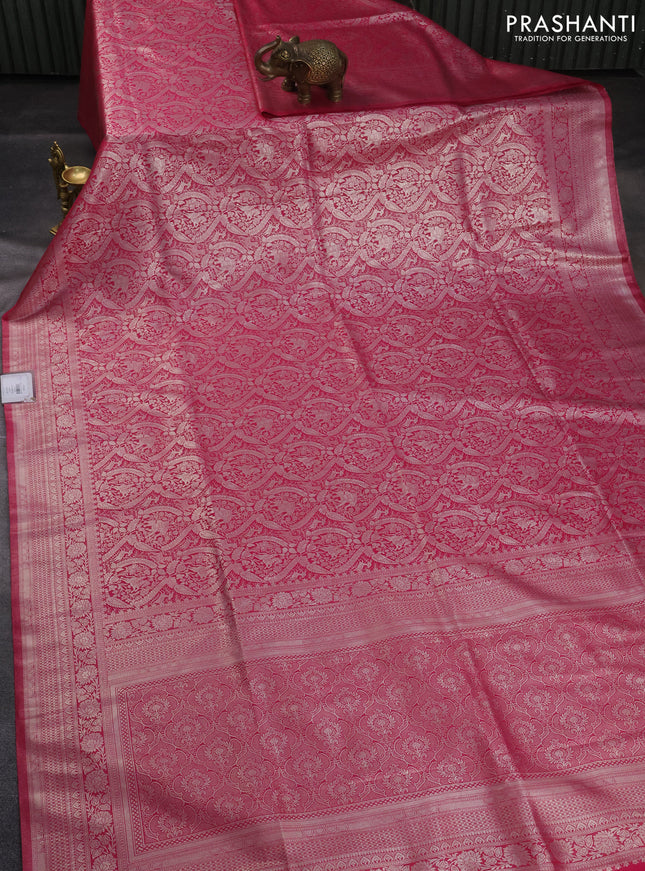 Banarasi silk saree pink with allover silver zari woven brocade weaves and silver zari woven border