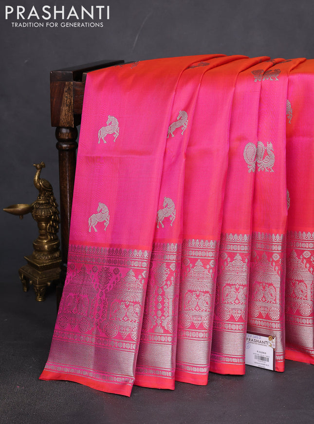 Venkatagiri silk saree dual shade of pinkish orange with silver zari woven buttas and rich silver zari woven border