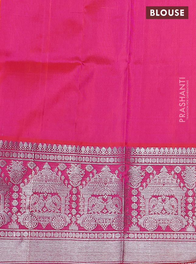 Venkatagiri silk saree dual shade of pinkish orange with silver zari woven buttas and rich silver zari woven border