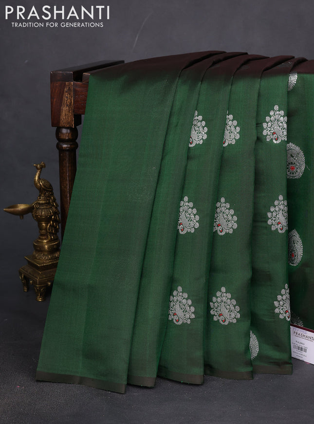 Venkatagiri silk saree dual shade of green with silver zari woven floral buttas in borderless style