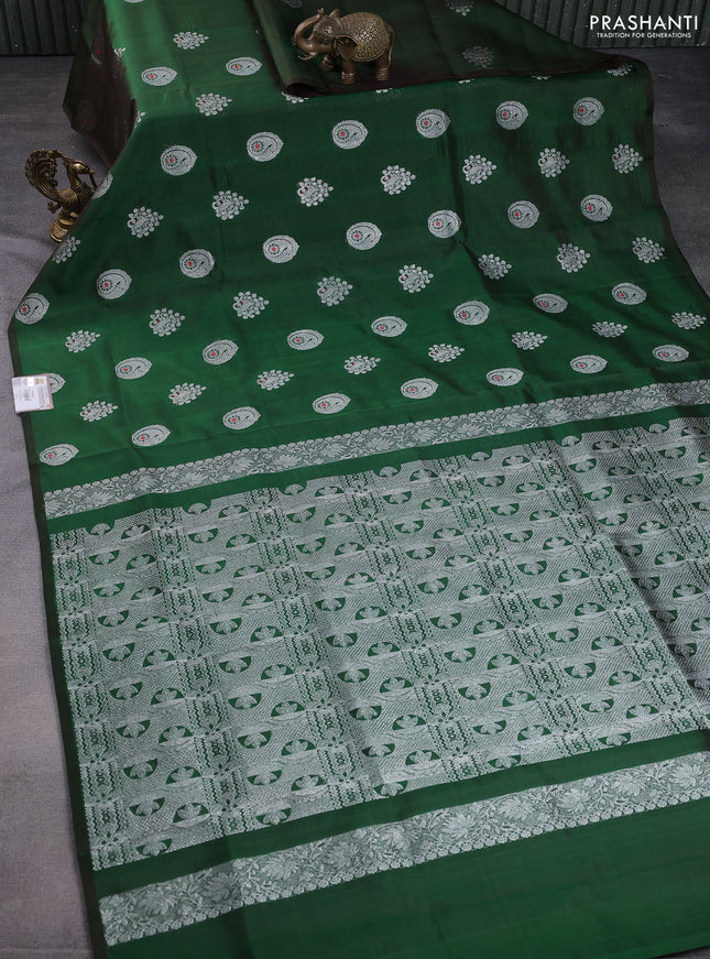 Venkatagiri silk saree dual shade of green with silver zari woven floral buttas in borderless style