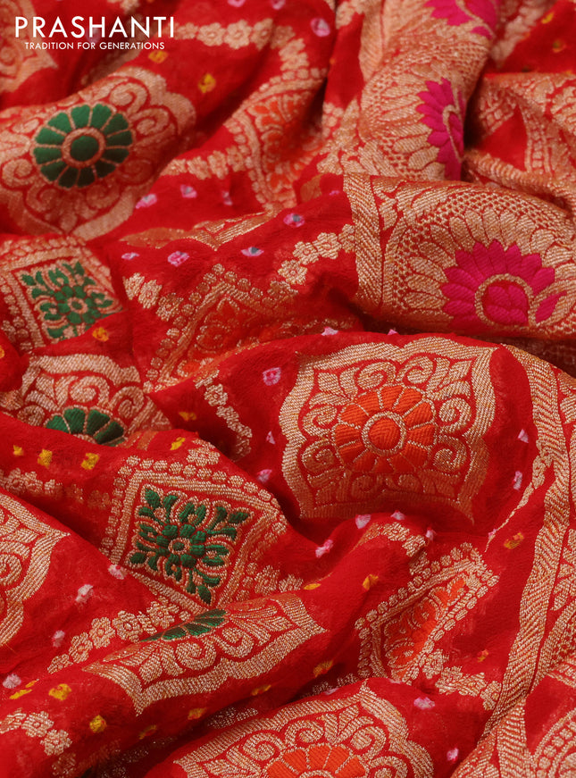 Banarasi georgette saree orange and red with bandhani prints & mina weaves and woven border