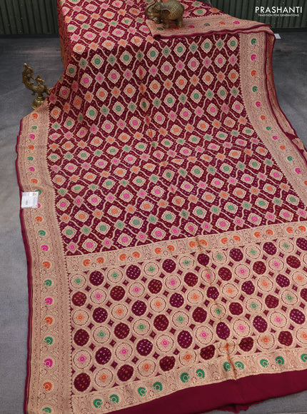 Banarasi georgette saree maroon with bandhani prints & mina weaves and woven border