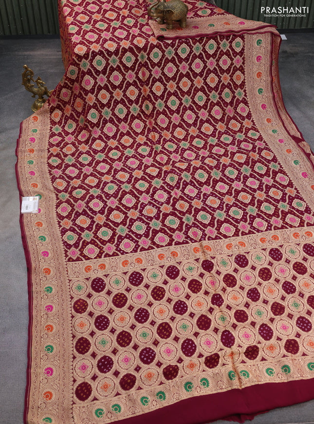 Banarasi georgette saree maroon with bandhani prints & mina weaves and woven border