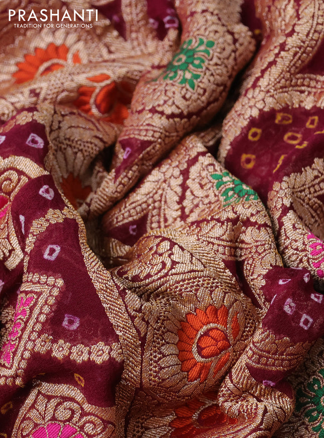 Banarasi georgette saree maroon with bandhani prints & mina weaves and woven border