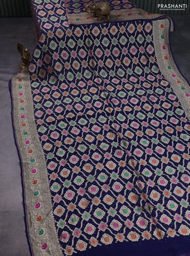 Banarasi georgette saree navy blue with bandhani prints & mina weaves and woven border