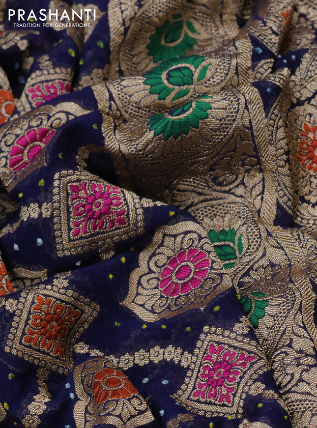 Banarasi georgette saree navy blue with bandhani prints & mina weaves and woven border