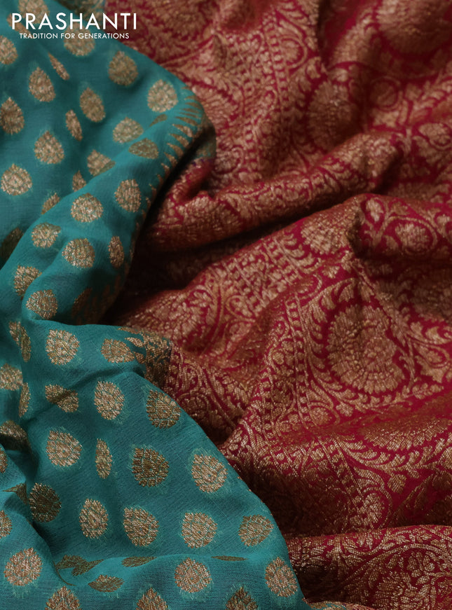 Banarasi georgette saree teal green shade and pink with allover thread & zari woven buttas and woven border