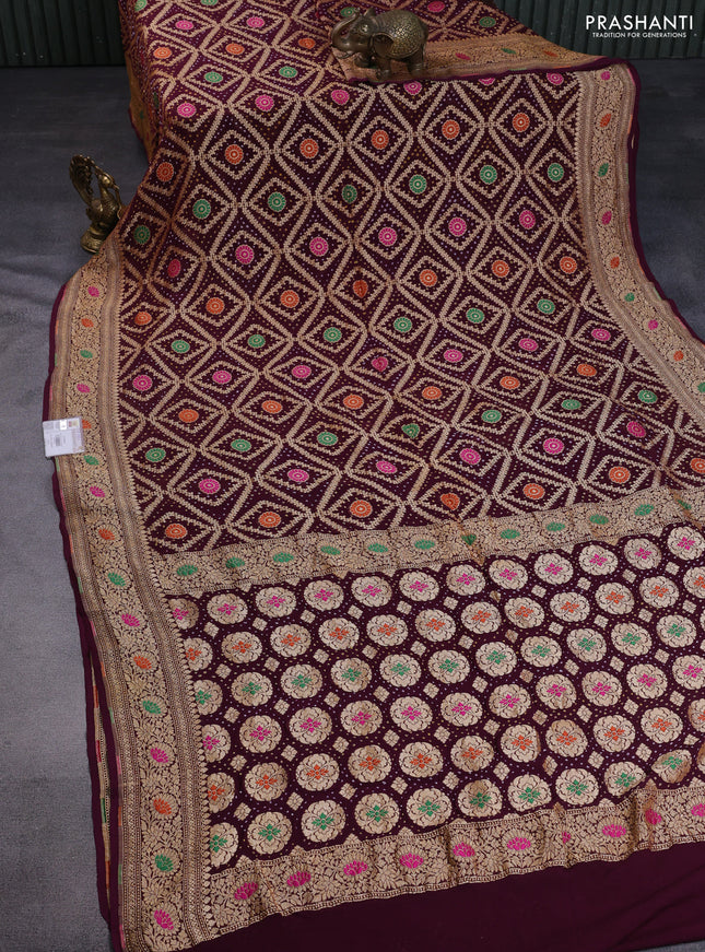 Banarasi georgette saree wine shade with bandhani prints & mina weaves and woven border