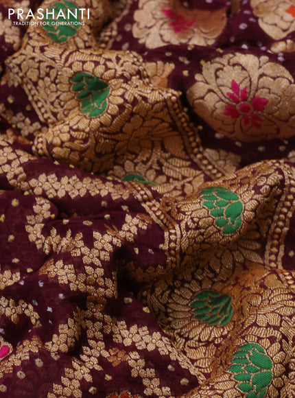 Banarasi georgette saree wine shade with bandhani prints & mina weaves and woven border