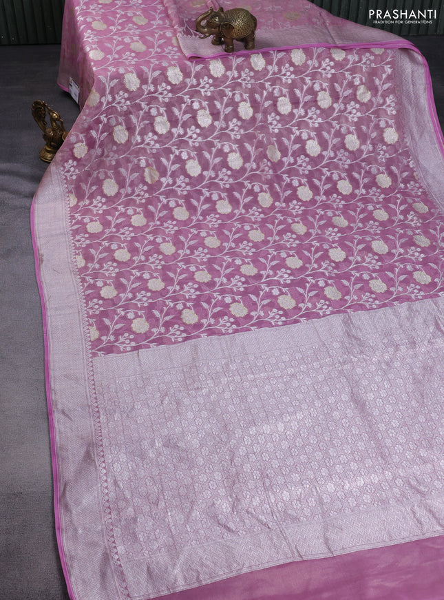 Banarasi georgette tissue saree mauve pink with allover thread & silver zari floral weaves and silver woven border