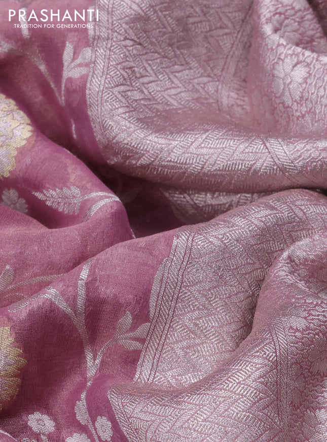 Banarasi georgette tissue saree mauve pink with allover thread & silver zari floral weaves and silver woven border