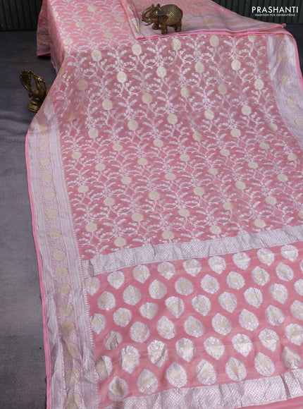Banarasi georgette tissue saree peach shade with allover thread & silver zari floral weaves and silver woven border