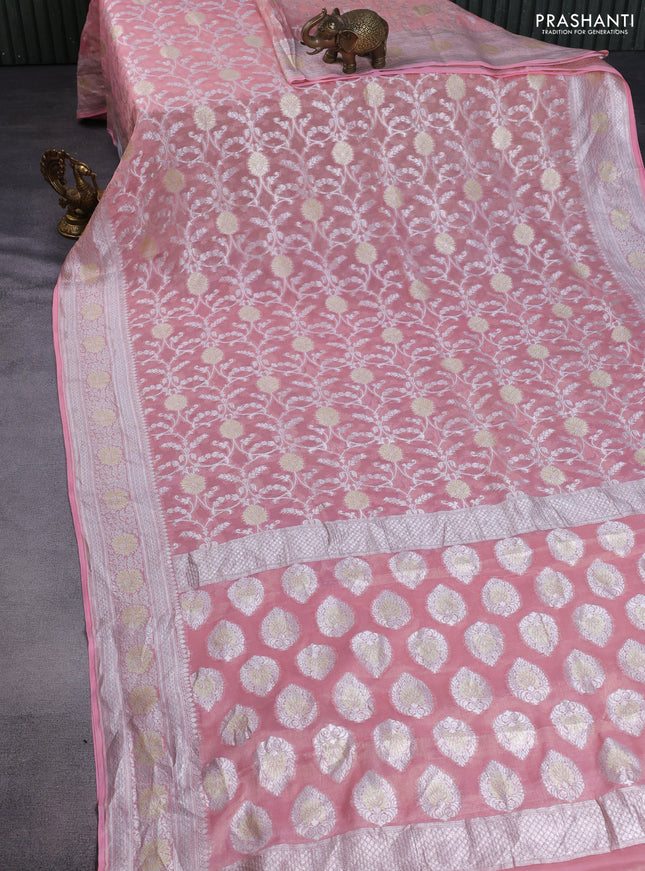 Banarasi georgette tissue saree peach shade with allover thread & silver zari floral weaves and silver woven border