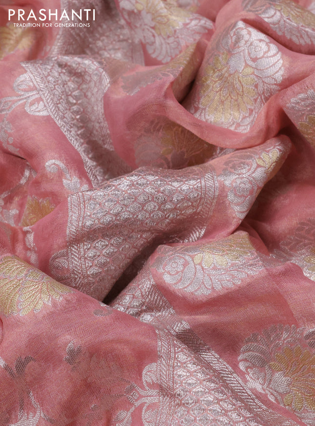 Banarasi georgette tissue saree peach shade with allover thread & silver zari floral weaves and silver woven border
