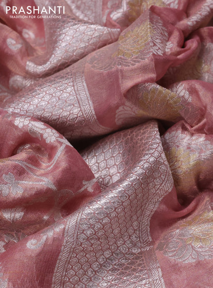 Banarasi georgette tissue saree peach shade with allover thread & silver zari floral weaves and silver woven border