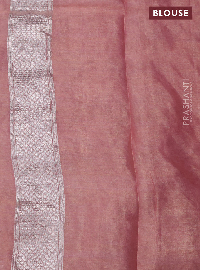 Banarasi georgette tissue saree peach shade with allover thread & silver zari floral weaves and silver woven border
