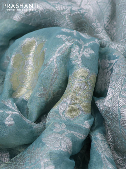Banarasi georgette tissue saree teal shade and light blue with allover thread & silver zari floral weaves and silver woven border