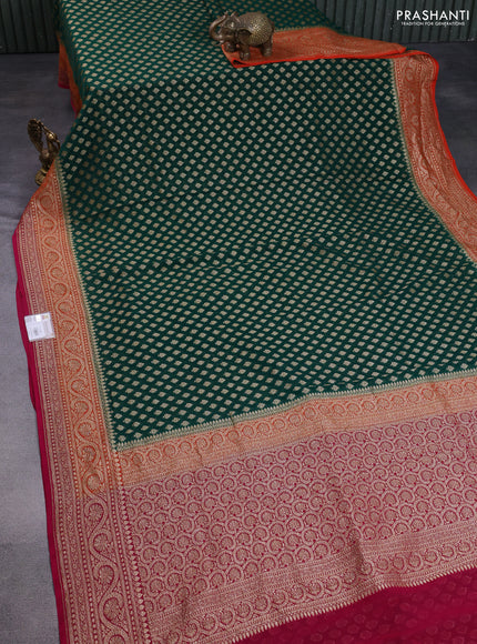 Banarasi georgette saree green and orange pink with allover thread & zari woven buttas and woven border