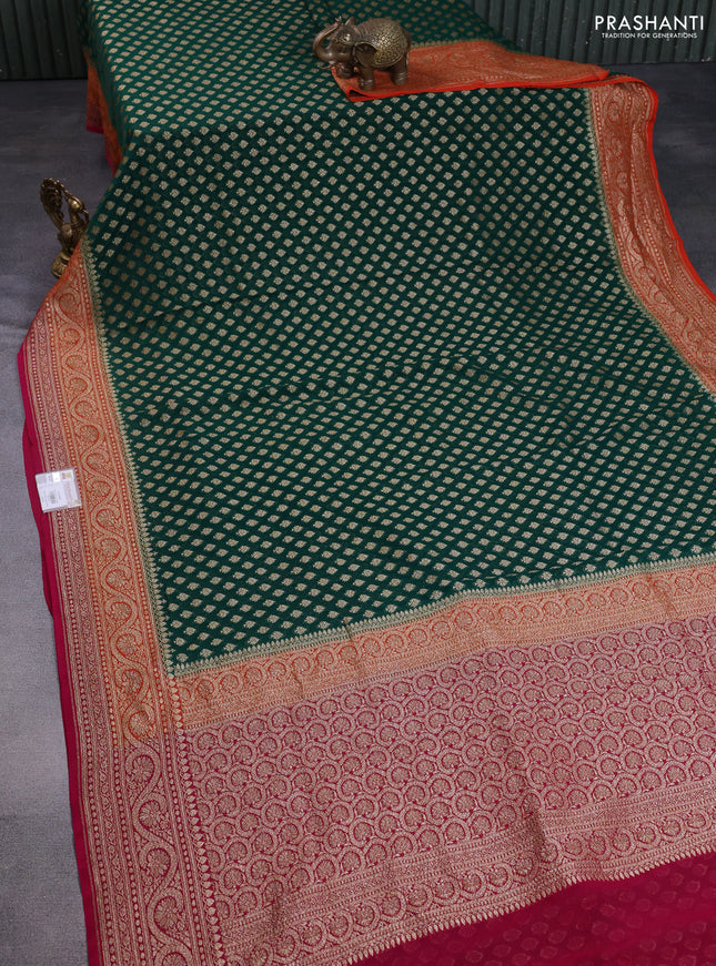 Banarasi georgette saree green and orange pink with allover thread & zari woven buttas and woven border