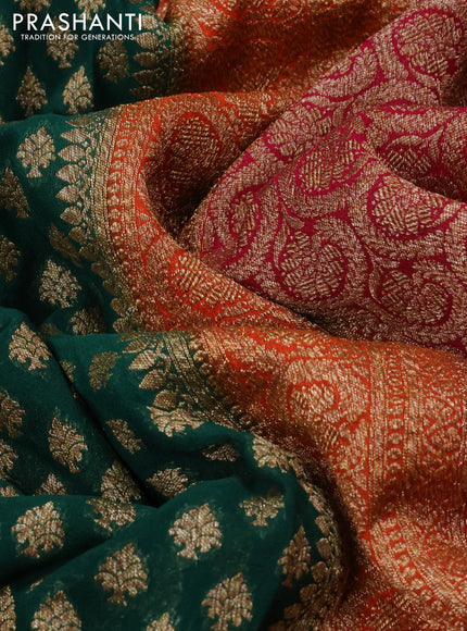 Banarasi georgette saree green and orange pink with allover thread & zari woven buttas and woven border