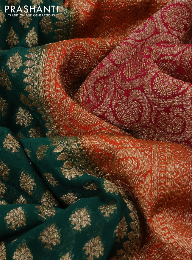 Banarasi georgette saree green and orange pink with allover thread & zari woven buttas and woven border