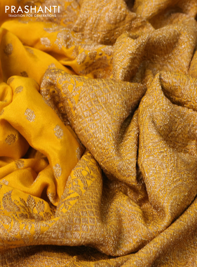 Banarasi crepe saree mustard yellow with allover thread & zari woven buttas and woven border