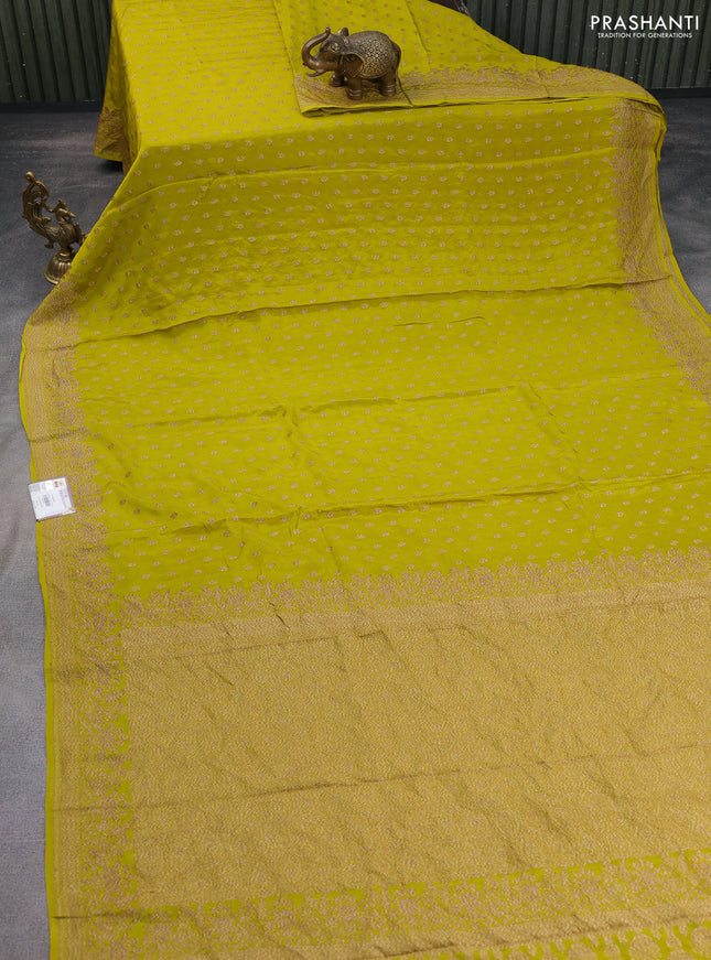 Banarasi crepe saree lime yellow with allover thread & zari woven buttas and woven border