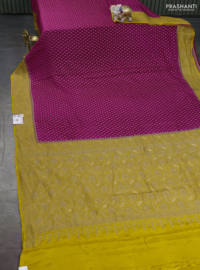 Banarasi crepe saree pink and yellow with allover thread & zari weaves and woven border