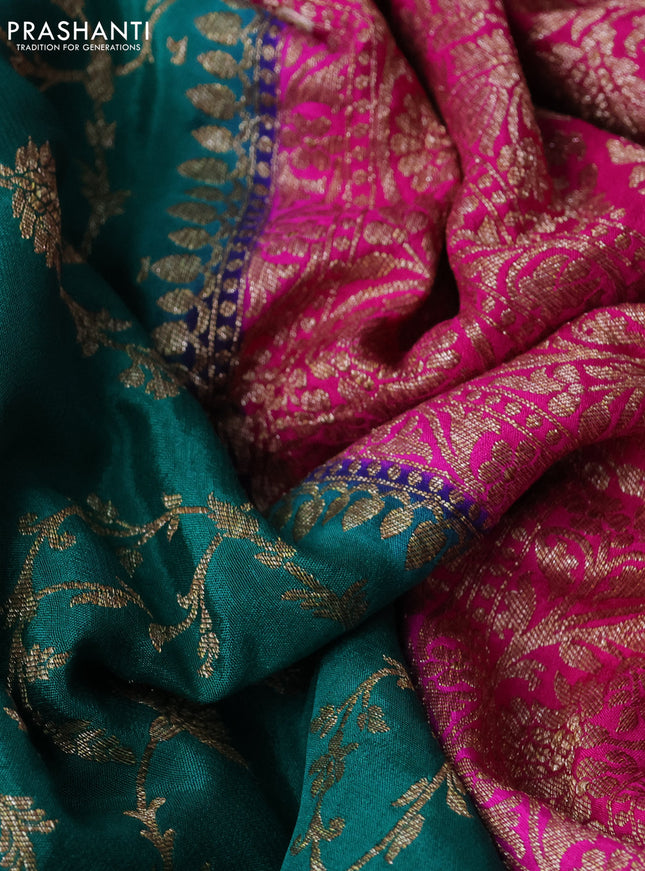 Banarasi crepe saree teal green and pink with allover thread & zari weaves and woven border