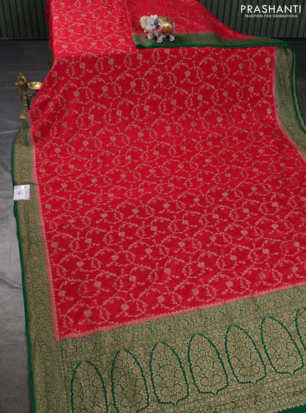 Banarasi crepe saree red and green with allover thread & zari weaves and woven border