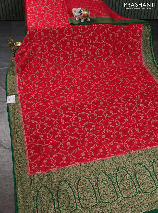 Banarasi crepe saree red and green with allover thread & zari weaves and woven border