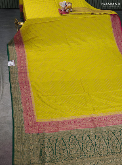 Banarasi crepe saree lime yellow and pink green with allover thread & zari butta weaves and woven border