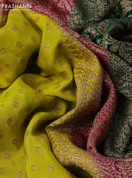 Banarasi crepe saree lime yellow and pink green with allover thread & zari butta weaves and woven border