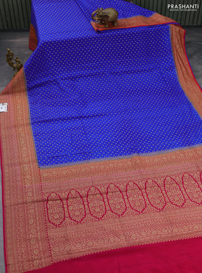 Banarasi crepe saree blue and red pink with allover thread & zari woven butta weaves and woven border