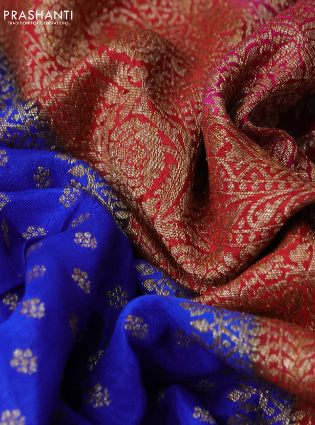 Banarasi crepe saree blue and red pink with allover thread & zari woven butta weaves and woven border