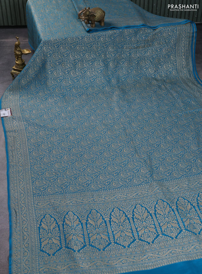 Banarasi crepe saree blue with allover thread & zari weaves and woven border