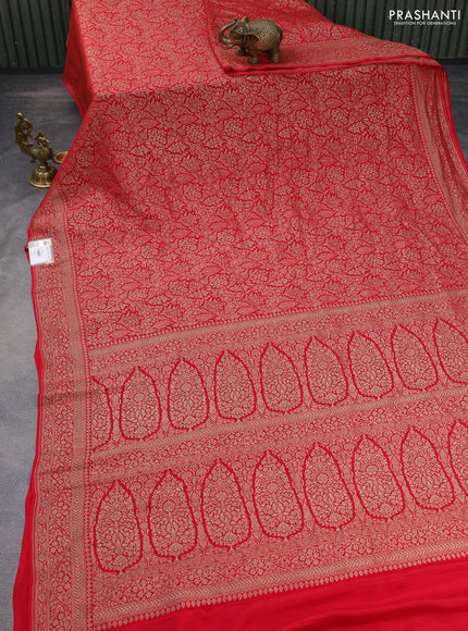 Banarasi crepe saree red with allover thread & zari weaves and woven border