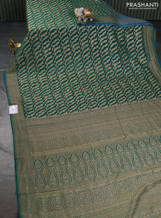 Banarasi crepe saree green and peacock blue with allover geometric zari weaves and woven border